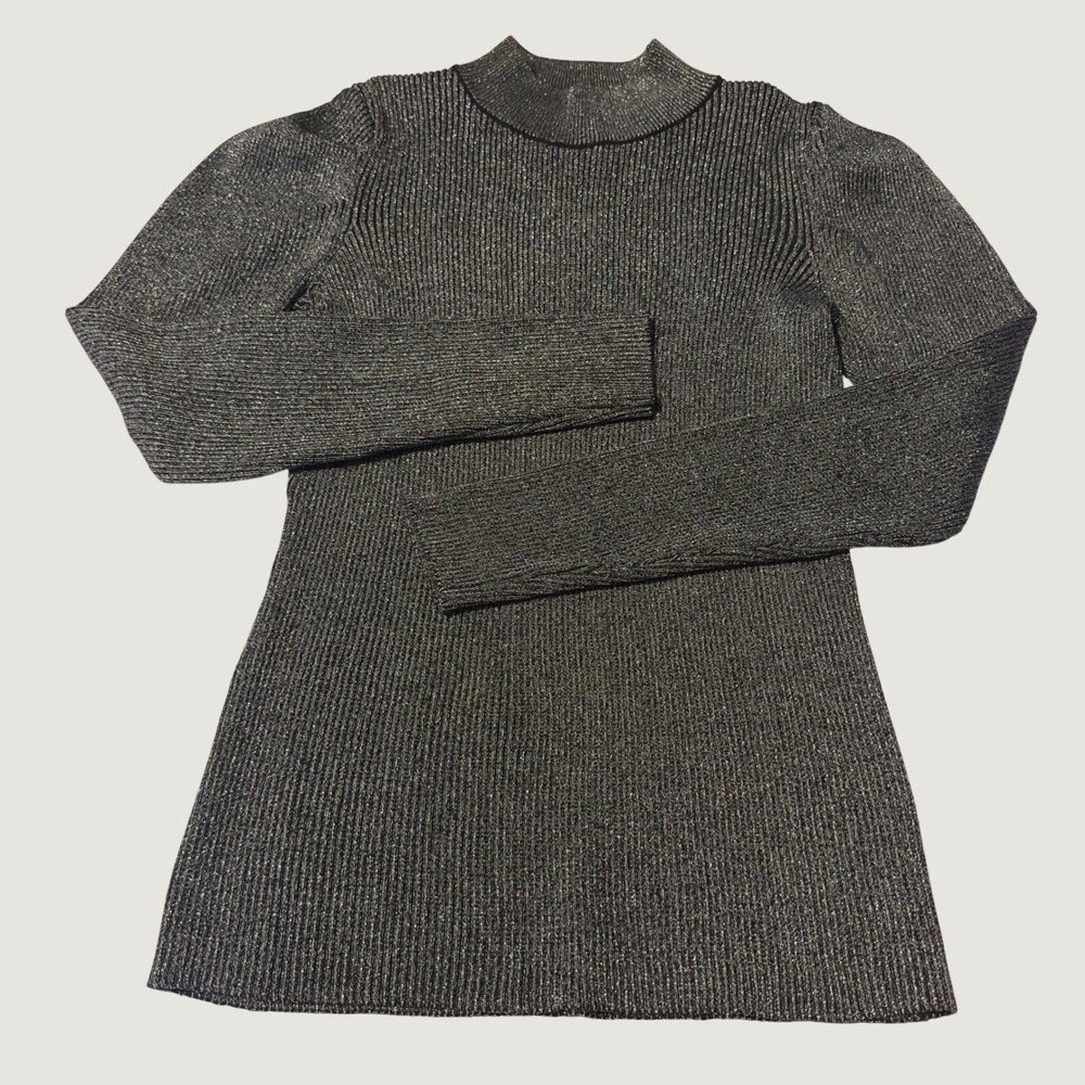 Tahari Metallic Ribbed Mock Neck Sweater Silver Charcoal Grey XL